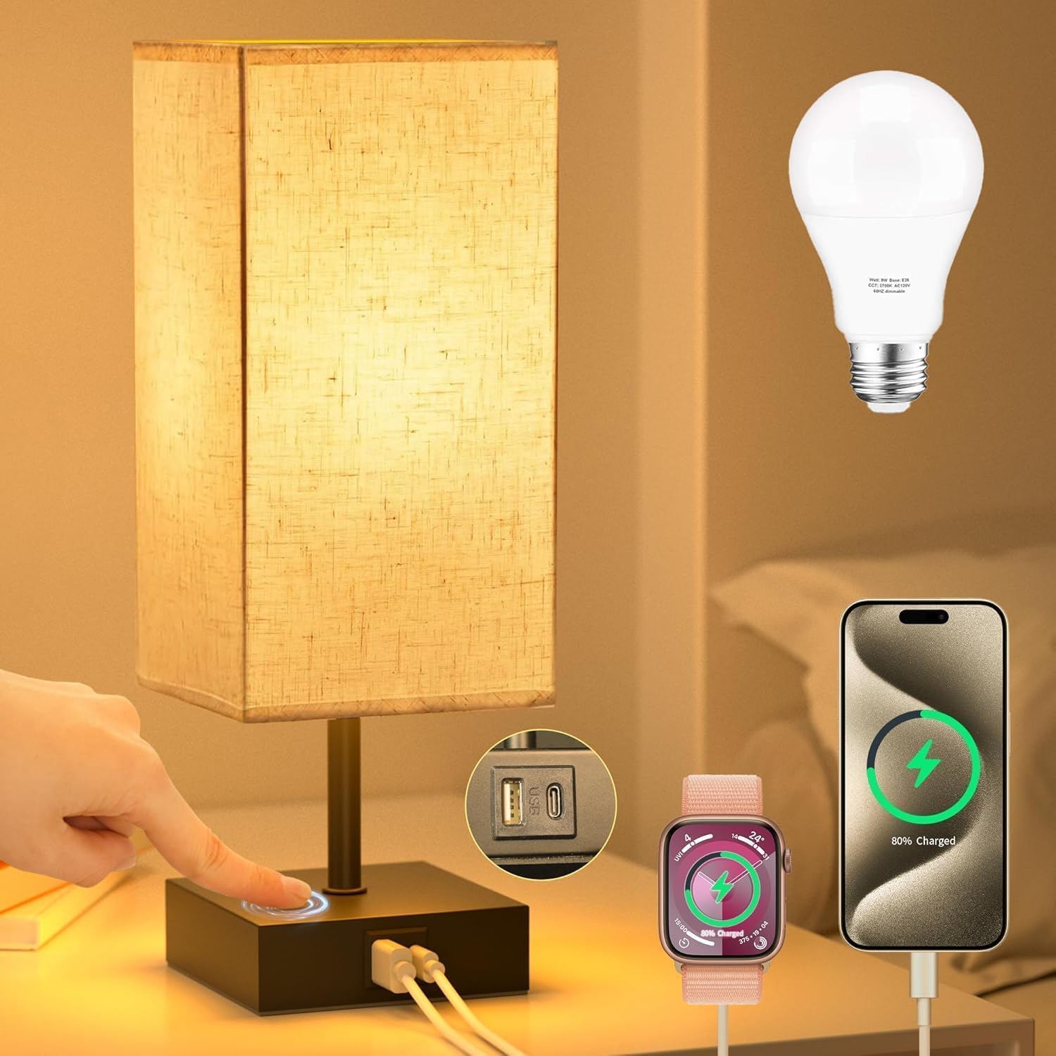 Touch Bedside Table Lamp with USB C and A Charging Ports, Nightstand Lamp