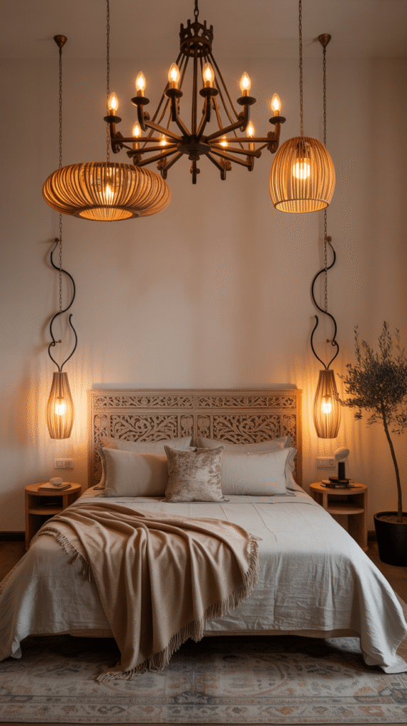 Warm layered lighting keeping the bedroom feeling restful