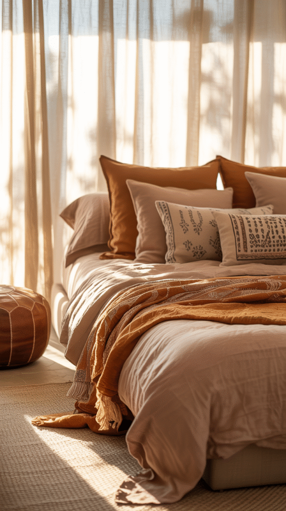 Handwoven textiles adding genuine warmth and history to the bedroom
