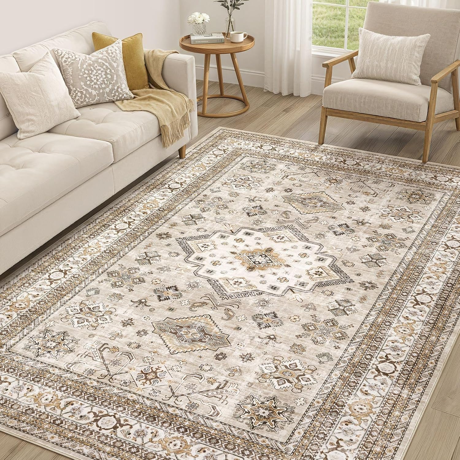cotiled 5 x 7 Washable Traditional Area Rug for Living Room, Beige