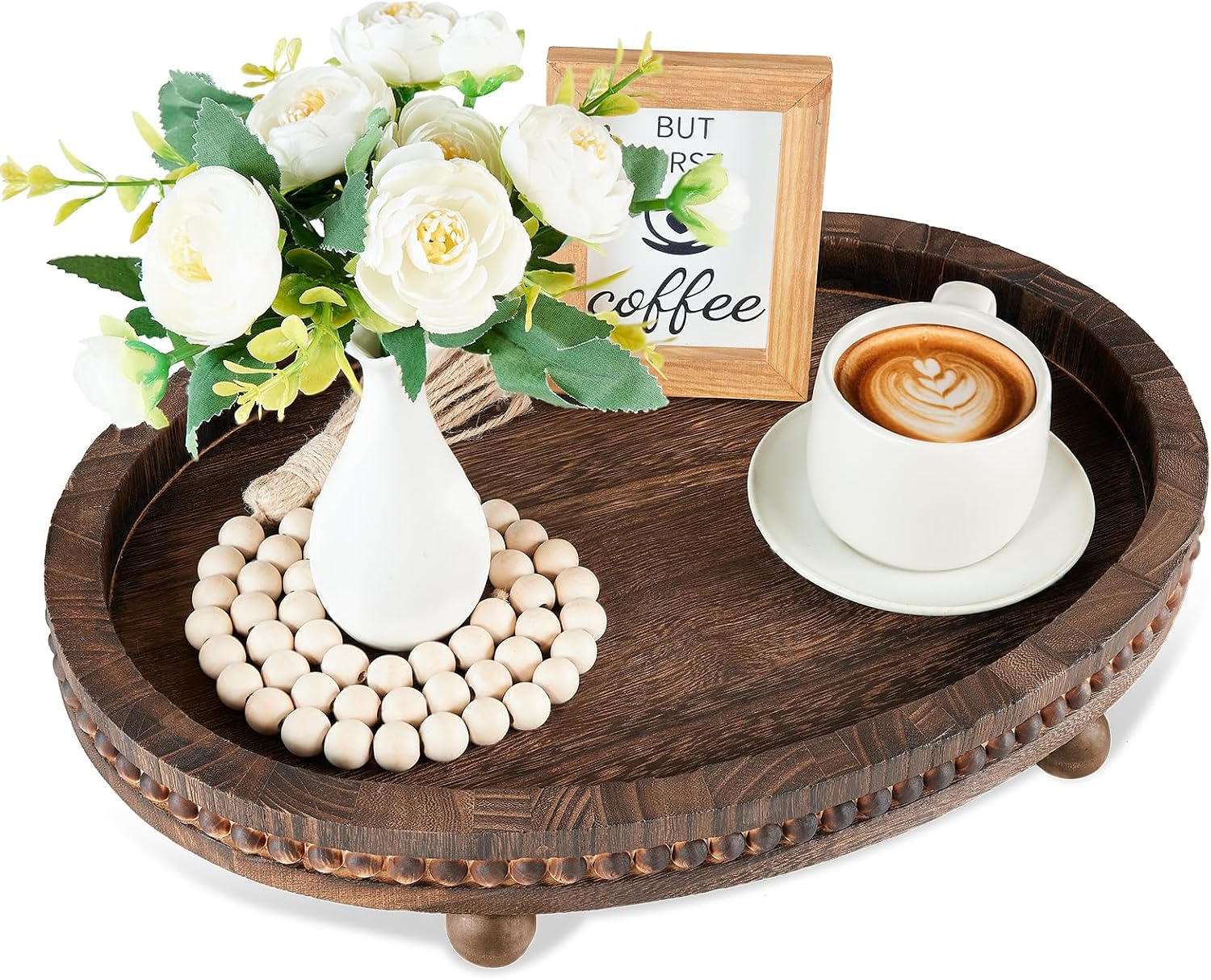 HouseJoy Wood Beaded Decorative Tray for Coffee Table, 16 x 11.8 Inch