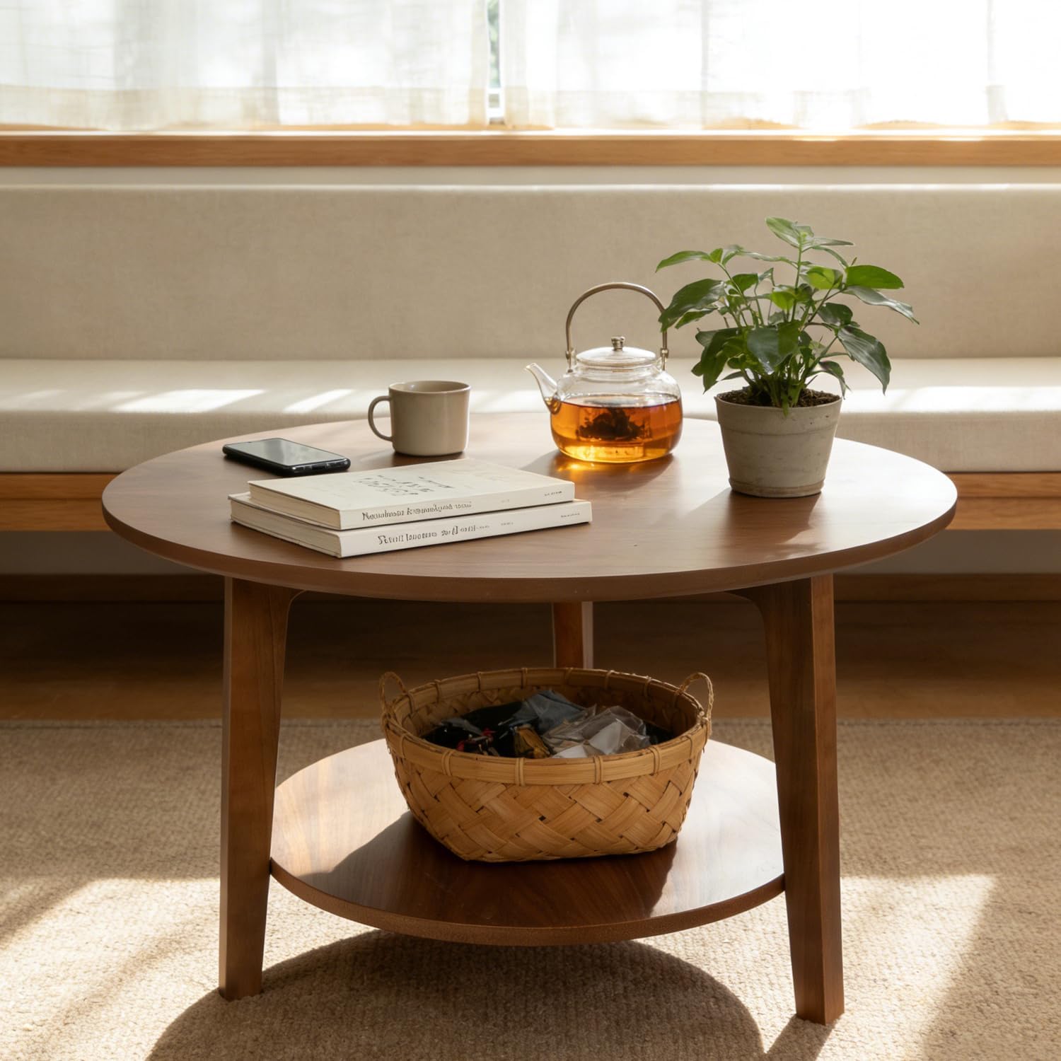 2-Tier Round Wood Nesting Coffee Table, Walnut, 28 x 28 x 18 Inch