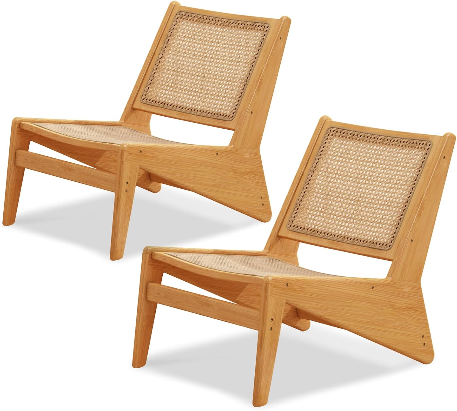 Furlide Mid-Century Accent Chairs, Set of 2, Low Rattan Chairs, Walnut