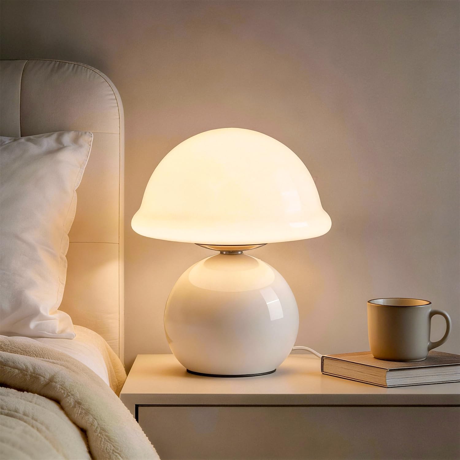 Glass Mushroom Lamp, Dimmable Bedside Table Lamp, White