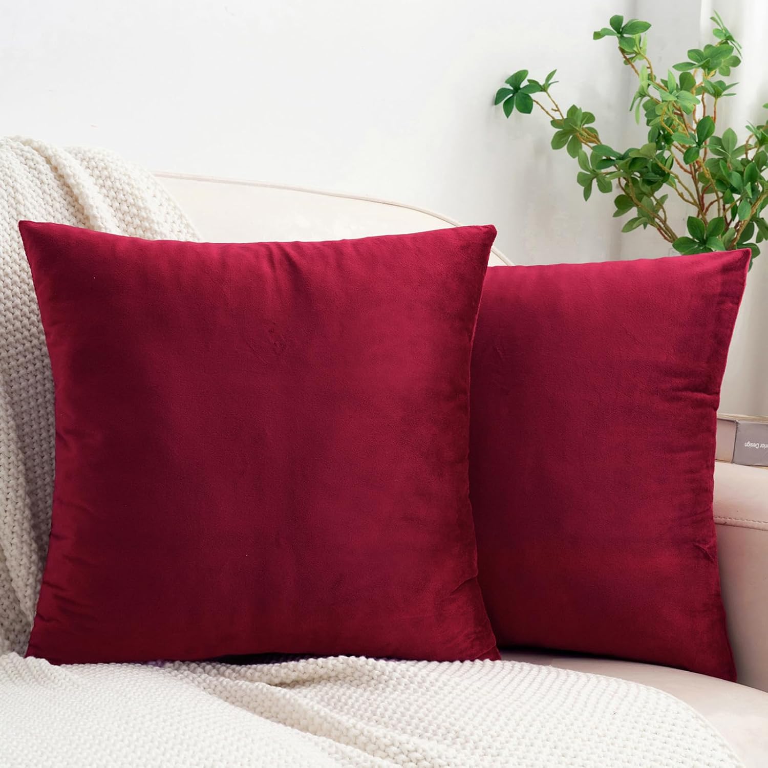 HWY 50 Burgundy Red Throw Pillow Covers Velvet 18x18 Inch Pack of 2