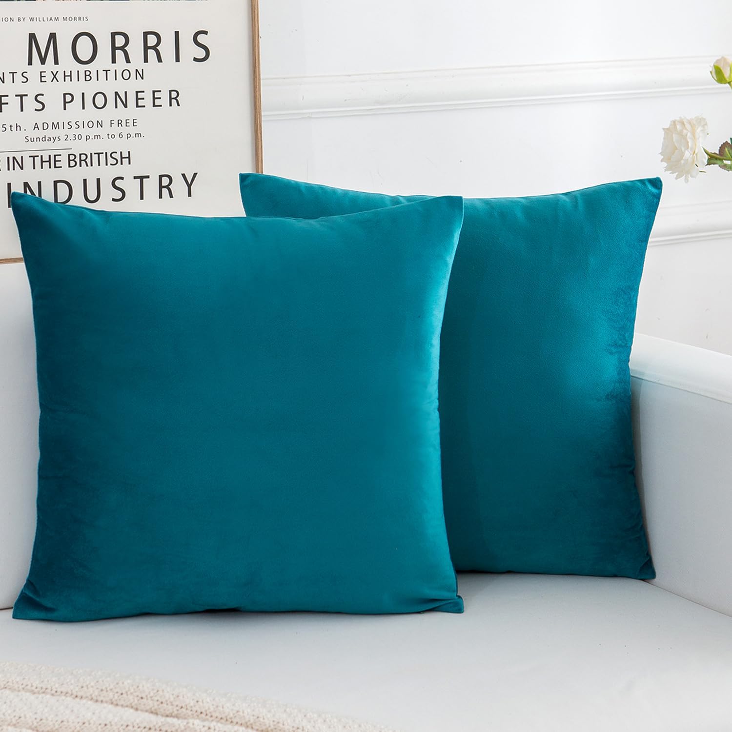 Velvet Decorative Throw Pillow Covers, Soft Square Cushion Case Home Decor for Living Room Couch Bed Sofa, Set of 2 Pack, Teal, 18x18 Inch