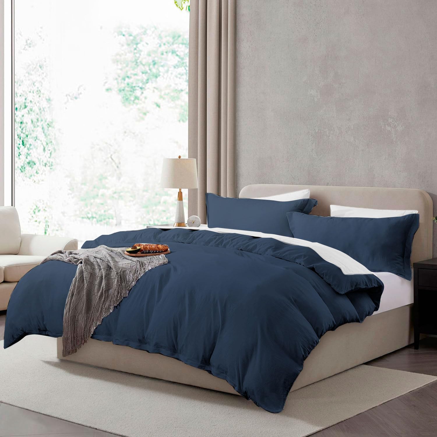 Hearth & Harbor Prewashed Queen Duvet Cover Set, Navy Blue