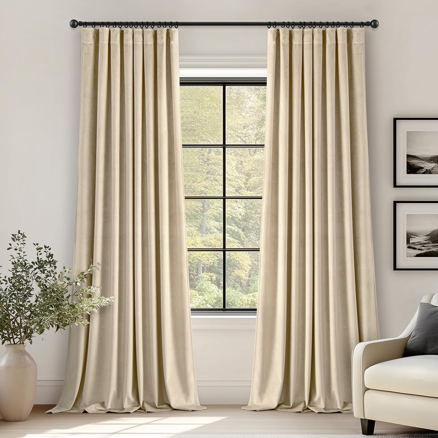 ANRODUO Beige Velvet Curtains 96 Inches Long 2 Panels for Bedroom