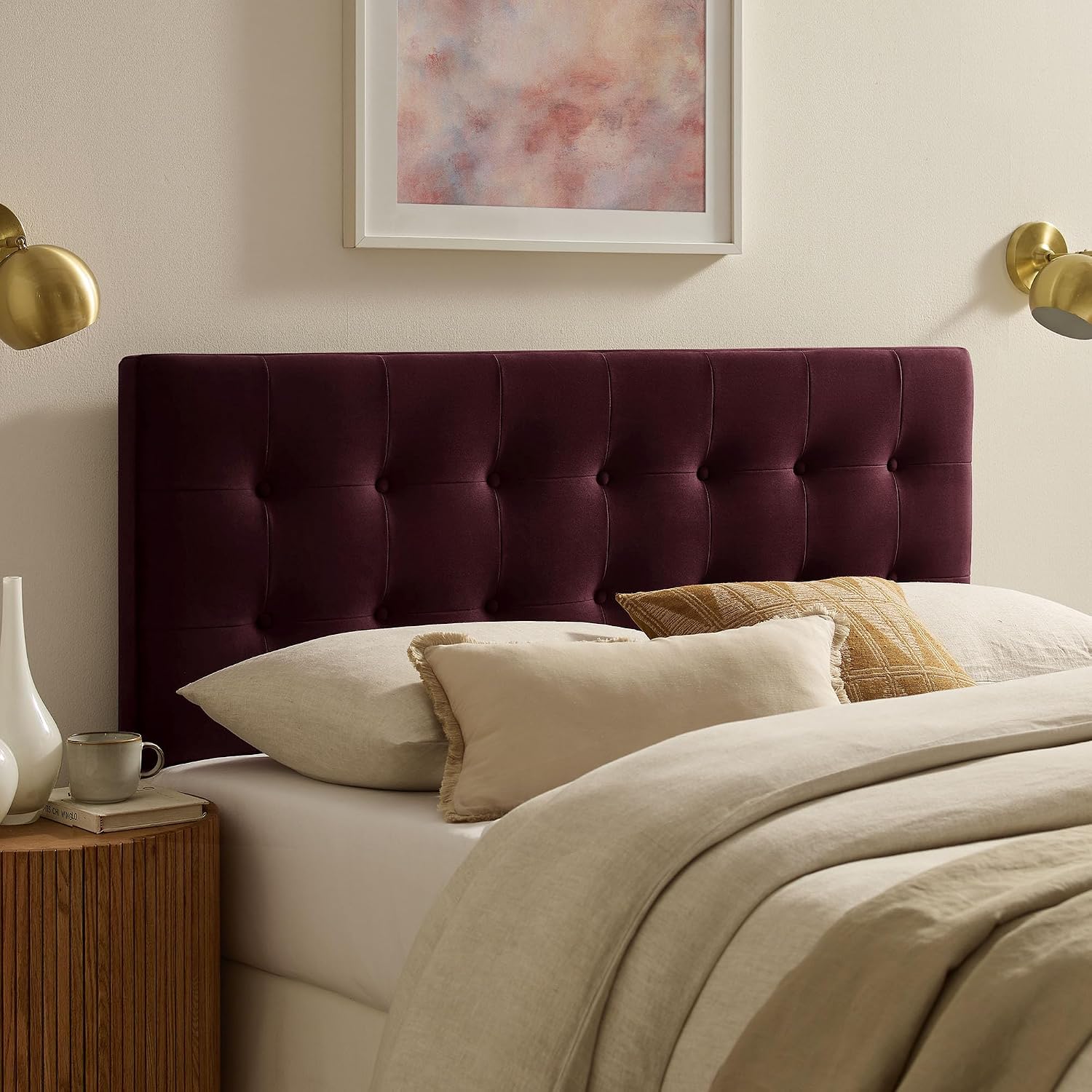 Modway Emily Queen Size Performance Velvet Headboard in Mulberry - Stain-Resistant Velvet Upholstery with Button Tufting and 7 Adjustable Height Positions