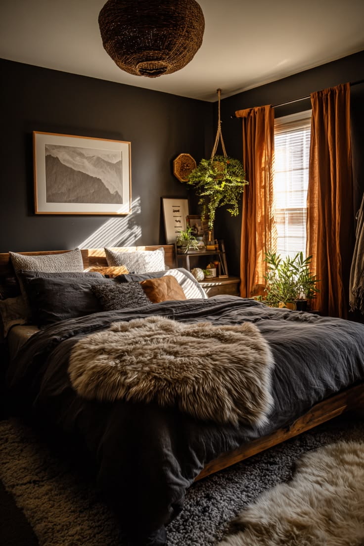 Cozy charcoal bedroom with rust linen curtains, a woven pendant light, a sheepskin throw and a hanging fern