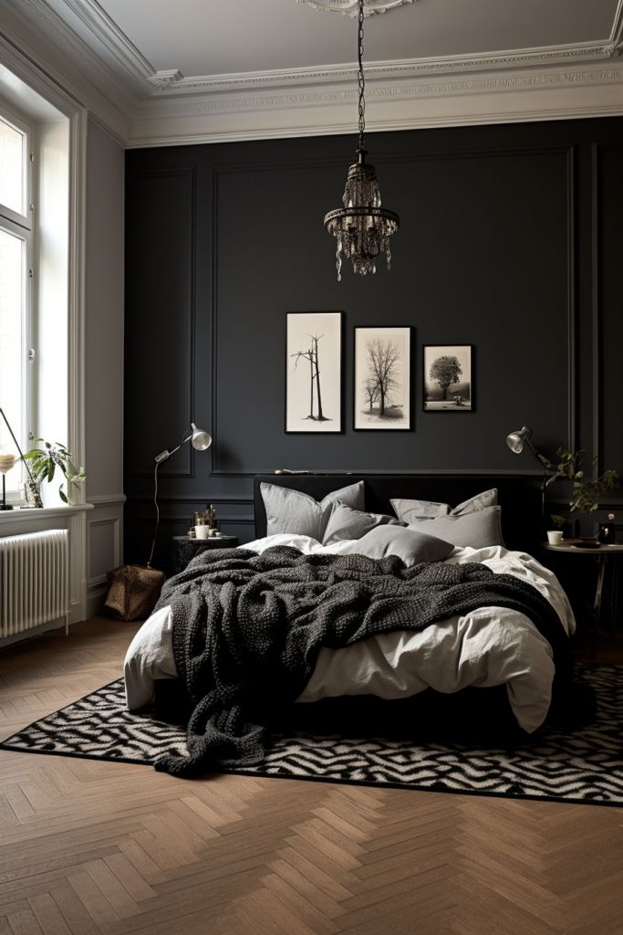 Black paneled bedroom wall beneath white ornate ceiling molding, with a vintage chandelier, tree prints and gray bedding