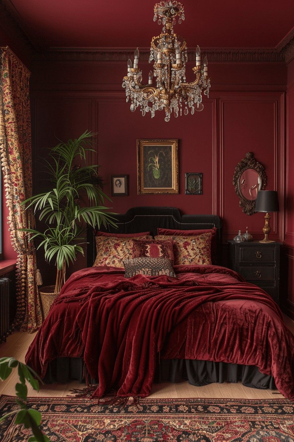 Deep red Victorian-style bedroom with burgundy velvet bedding, a crystal chandelier and ornate gold-framed artwork