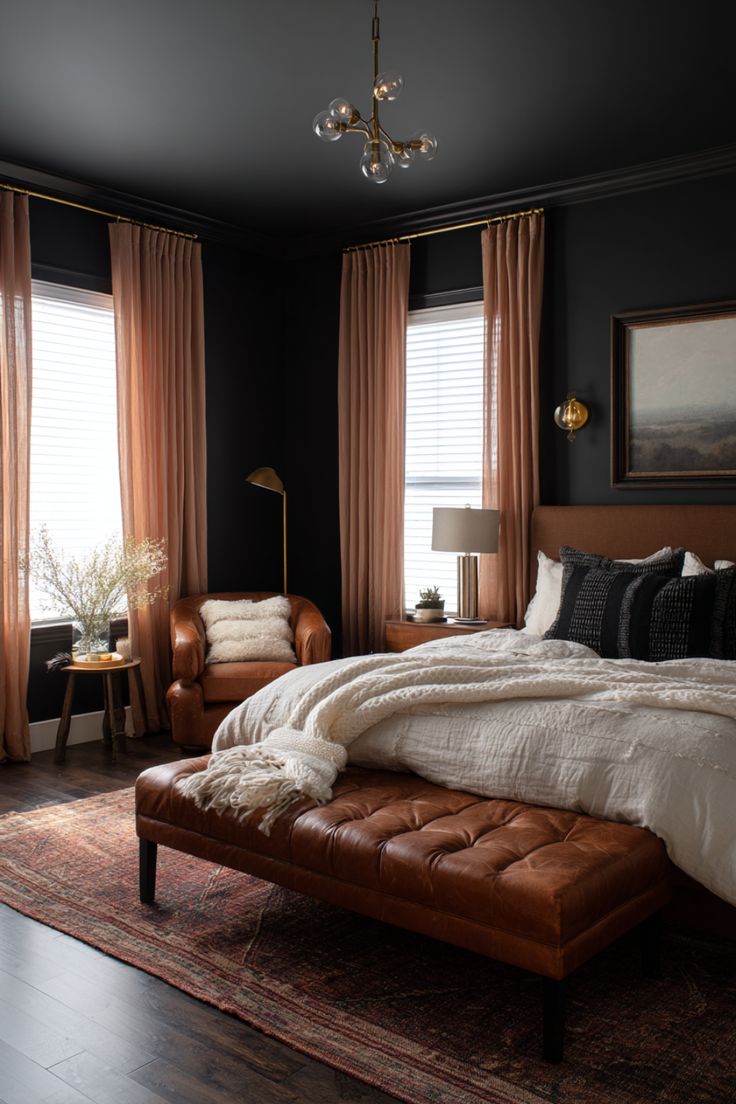 Black bedroom with floor-to-ceiling blush curtains on brass rods, a brass chandelier and a cognac leather bench