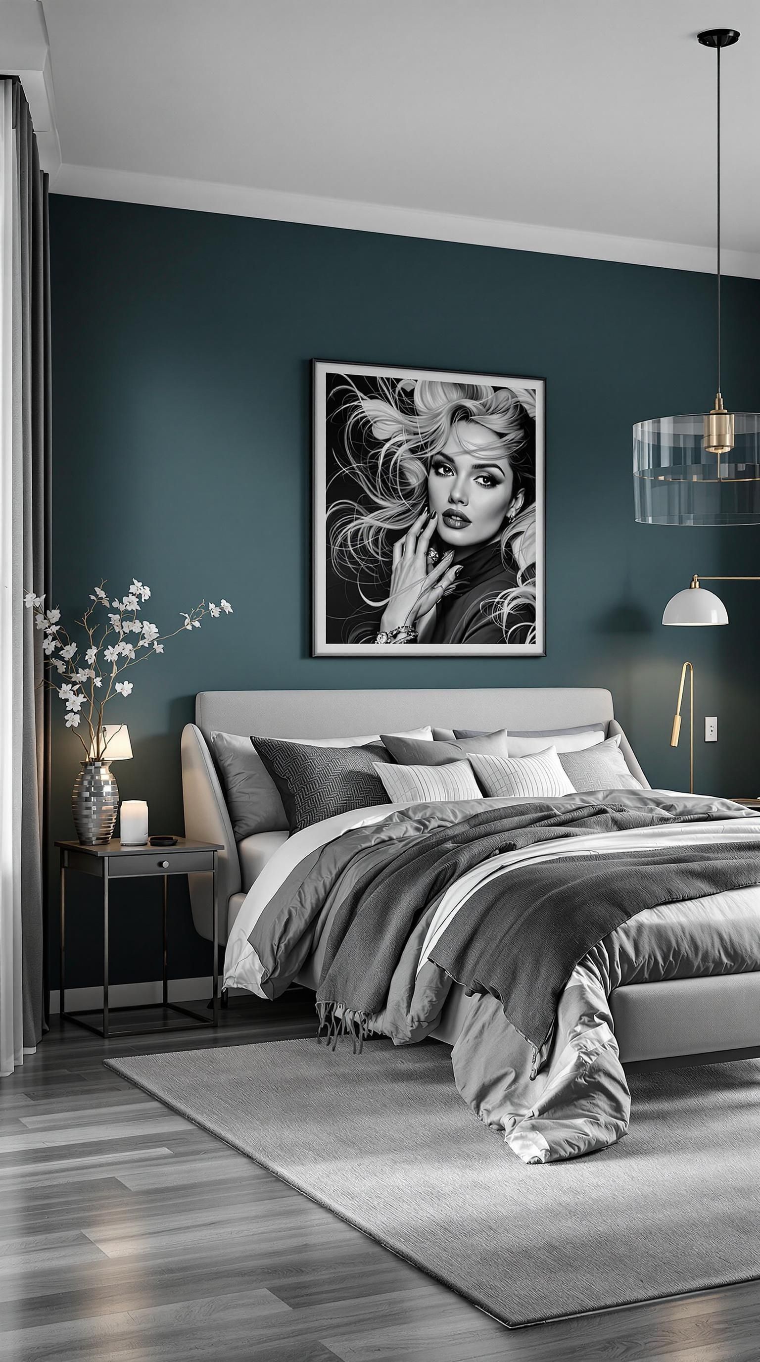 Dark teal bedroom wall behind a gray upholstered bed with layered gray bedding and a brass swing-arm lamp