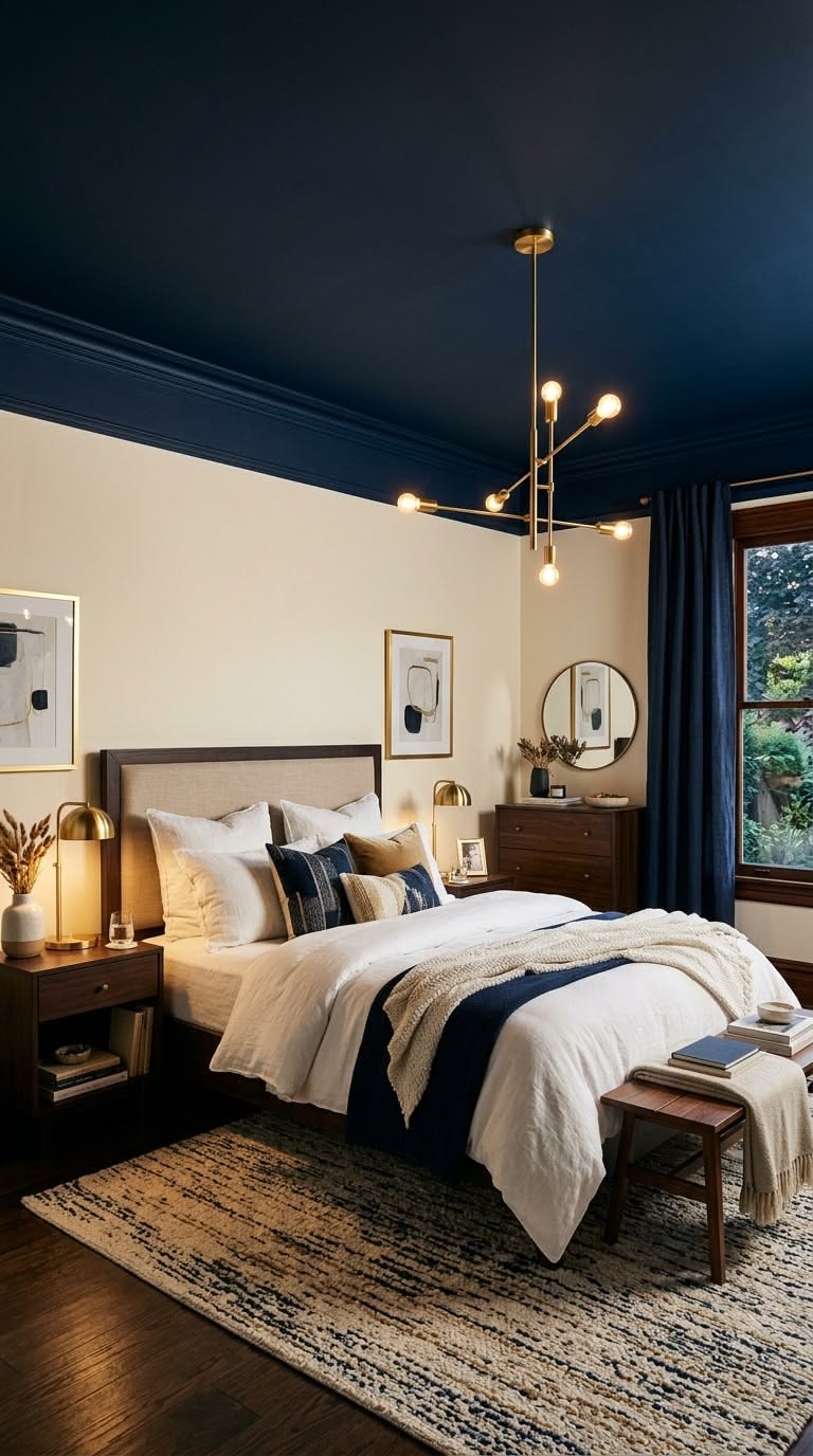 Bedroom with a navy color-drenched ceiling and trim, a brass sputnik chandelier, navy curtains and cream linen bedding