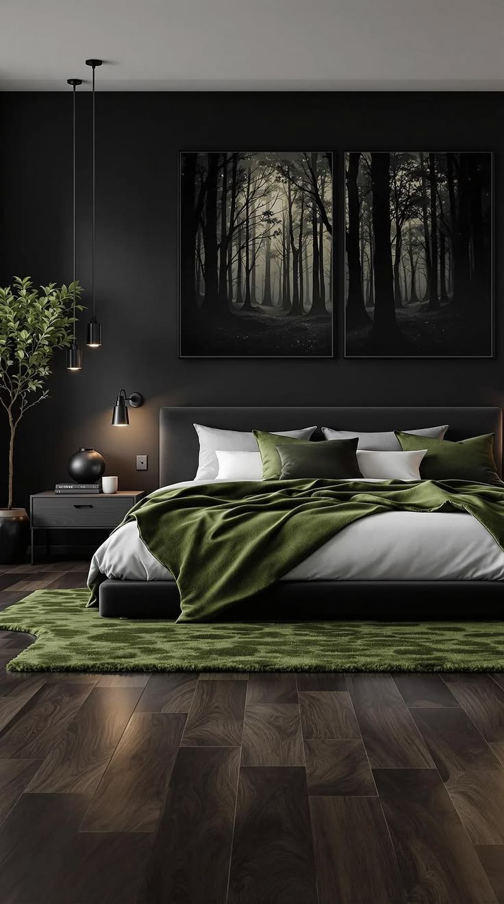 Sparely styled black bedroom with olive green bedding, a pair of dark forest prints and a green rug
