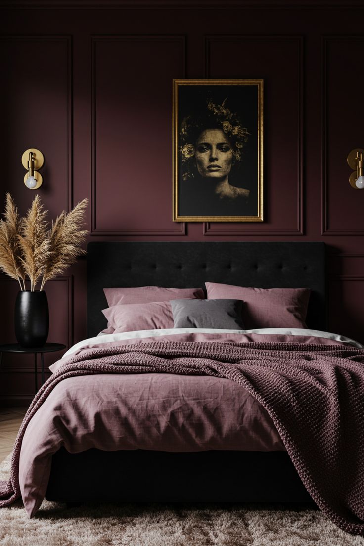 Maroon paneled bedroom wall with a large gold-framed portrait above a black velvet headboard and dusty pink bedding