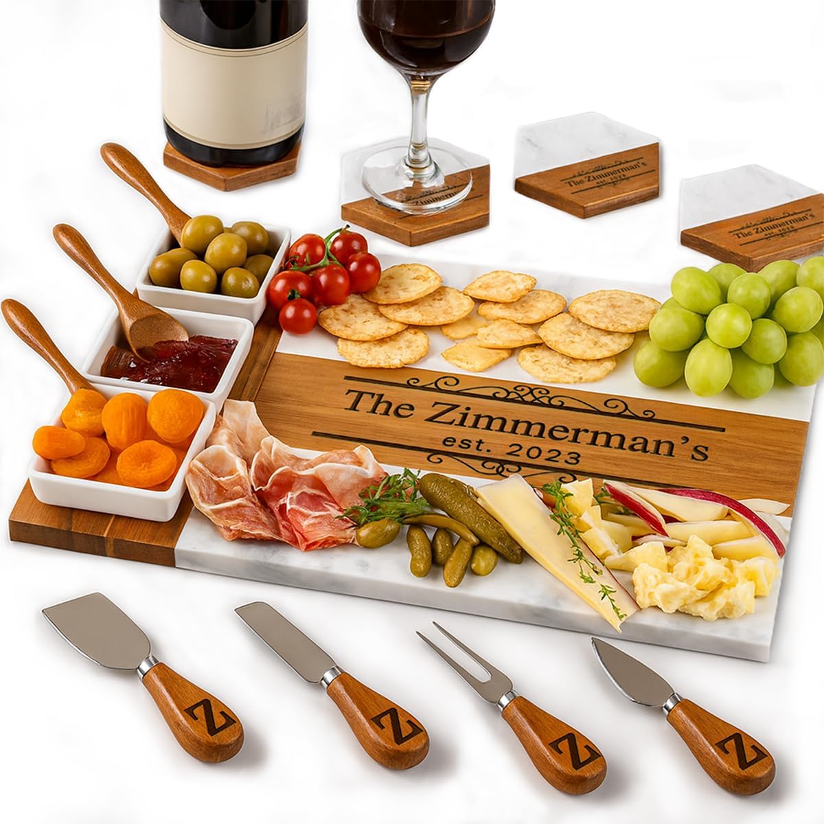 Personalized Charcuterie Board Set, Custom Engraved Marble and Wood with Knife Set
