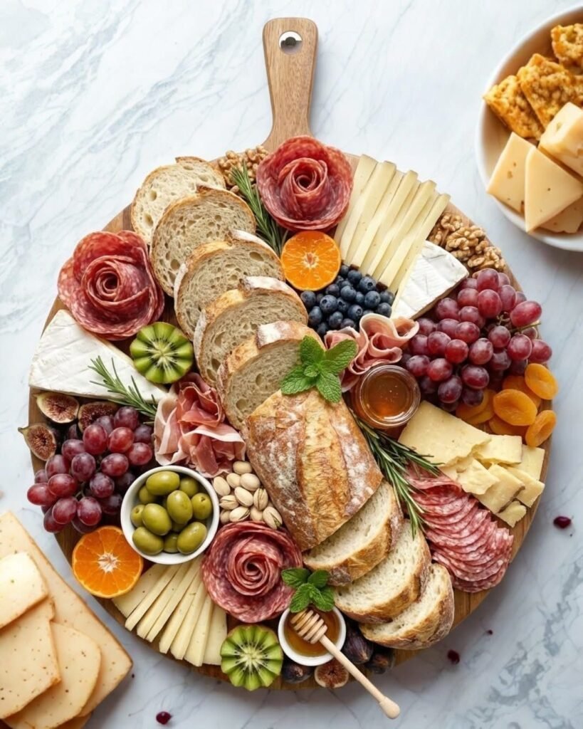 Garden party grazing board with fresh herbs, bright produce, light cheeses and edible flowers