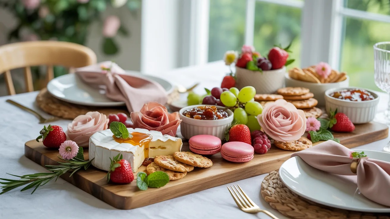 Elegant Mother's Day grazing board with cheese, fruit, flowers and small bowls arranged with intention