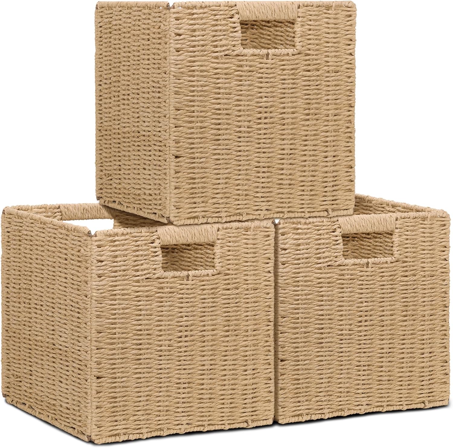 Wicker Storage Baskets for Shelves, 3 Pack, Foldable Rustic Square