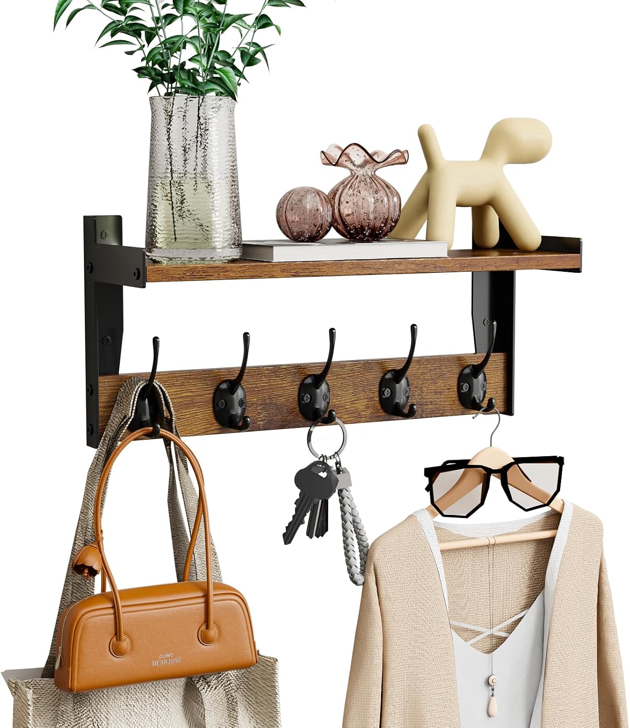 Wood Wall-Mounted Coat Rack with Shelf and Hooks