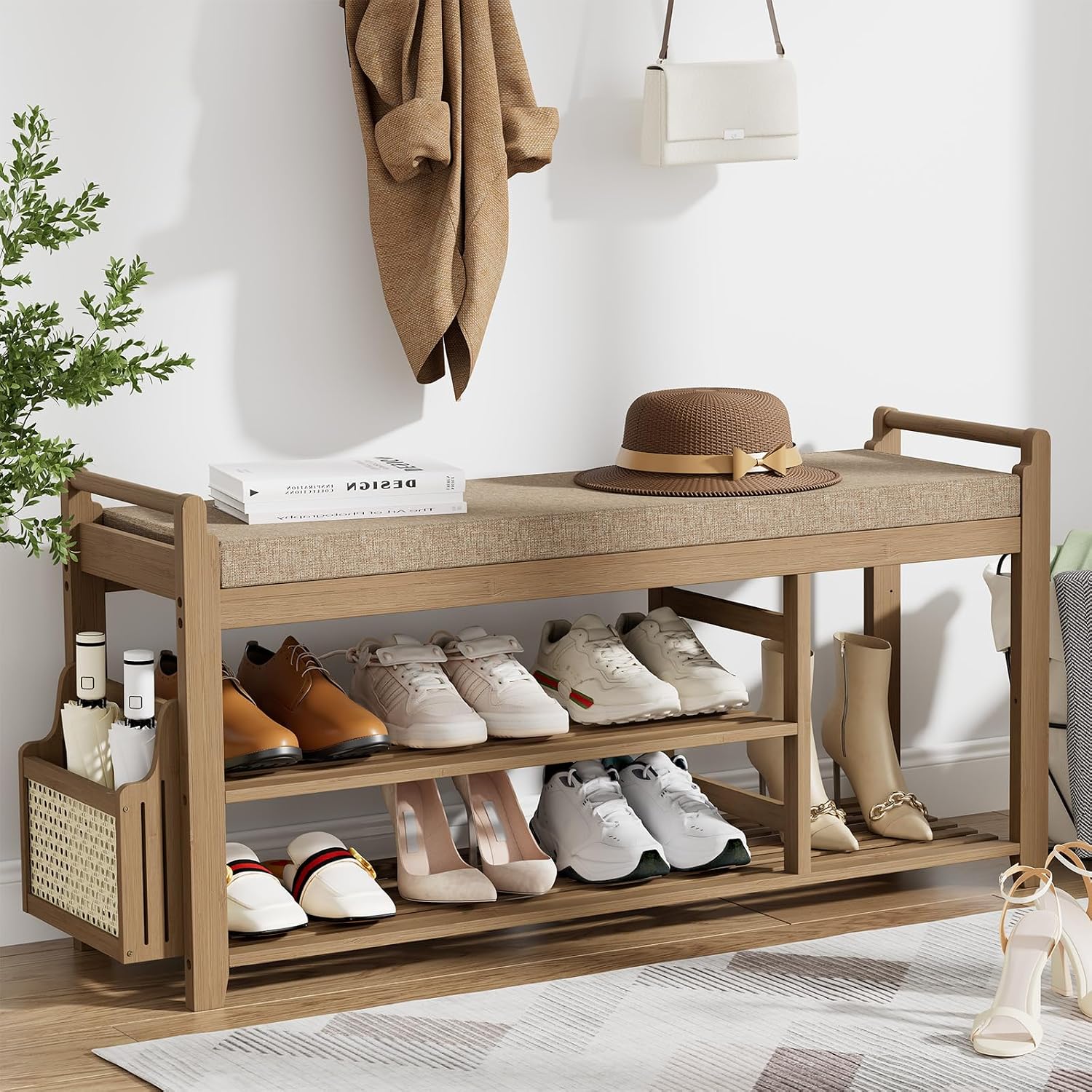 Homaxy 2-Tier Shoe Rack Bench, 39 Inch, Walnut and Light Brown
