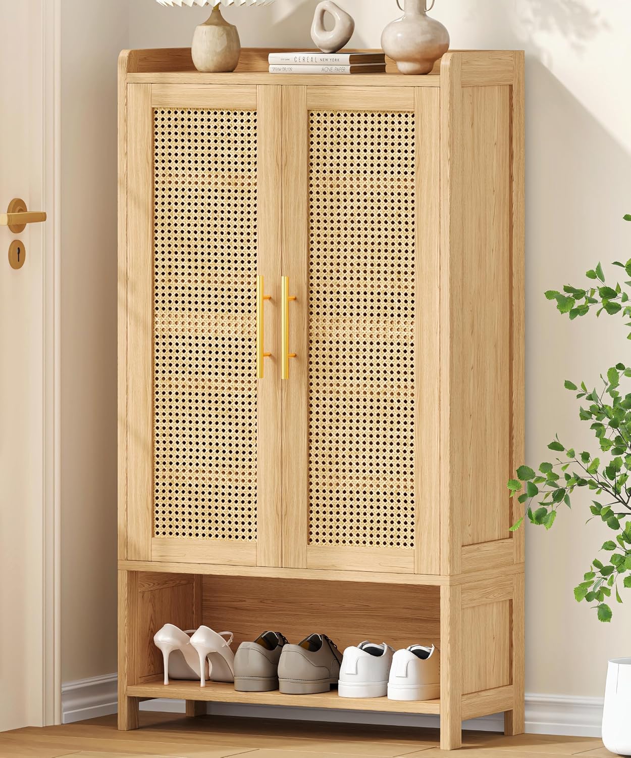 Keehusux Rattan Shoe Cabinet with Doors and Adjustable Shelves, Natural Oak