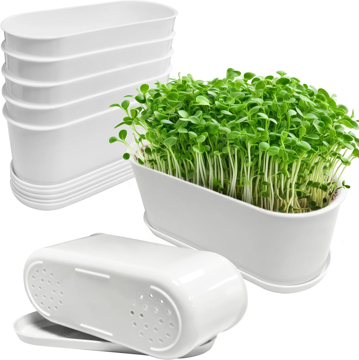 Window Herb Planter Boxes, 5 Set, 8.5 Inch Rectangular White Plastic with Drainage