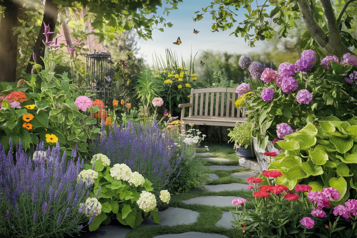 Lush garden path lined with lavender, hydrangeas, hostas and zinnias leading to a wood bench, with butterflies in the air