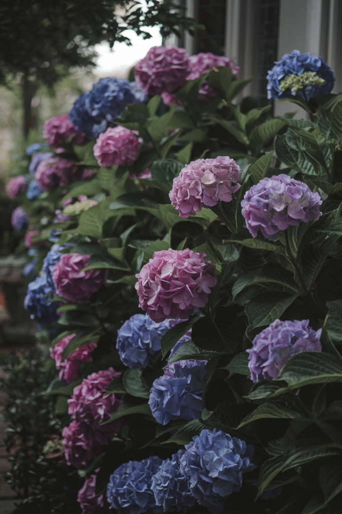 Dense cluster of blue, purple and pink hydrangea blooms growing against a house exterior with dark glossy leaves