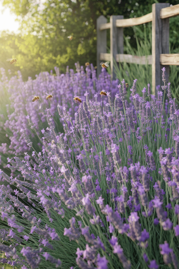 Rows of purple lavender in bloom with bees collecting pollen, backlit by golden afternoon sun near a wood fence
