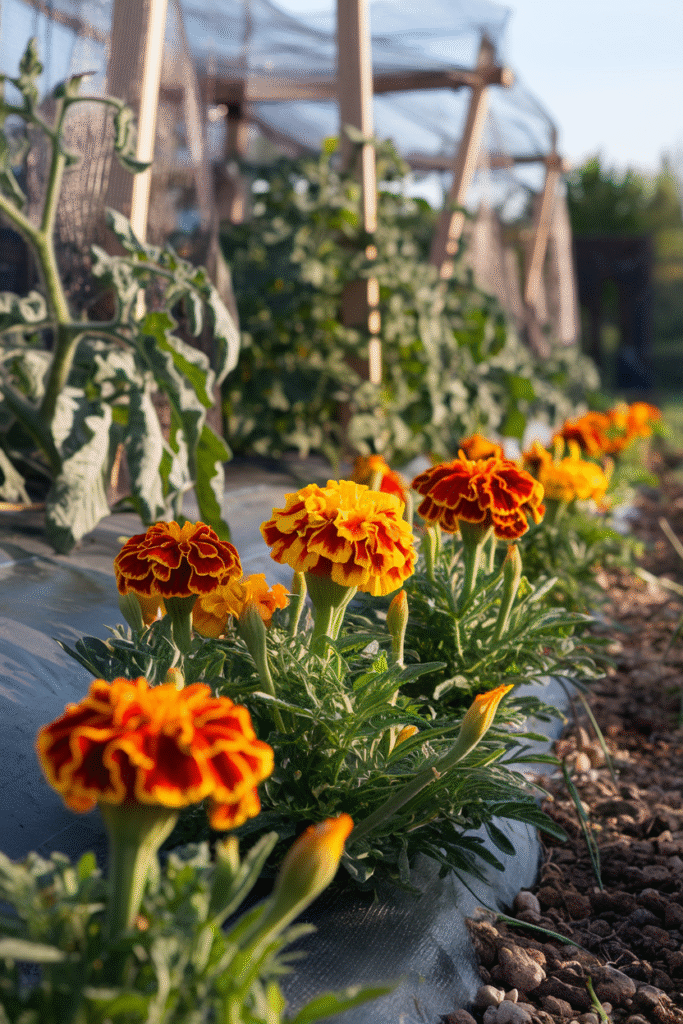 Row of orange and red marigolds in bloom bordering a vegetable garden bed with tomato plants and netting behind