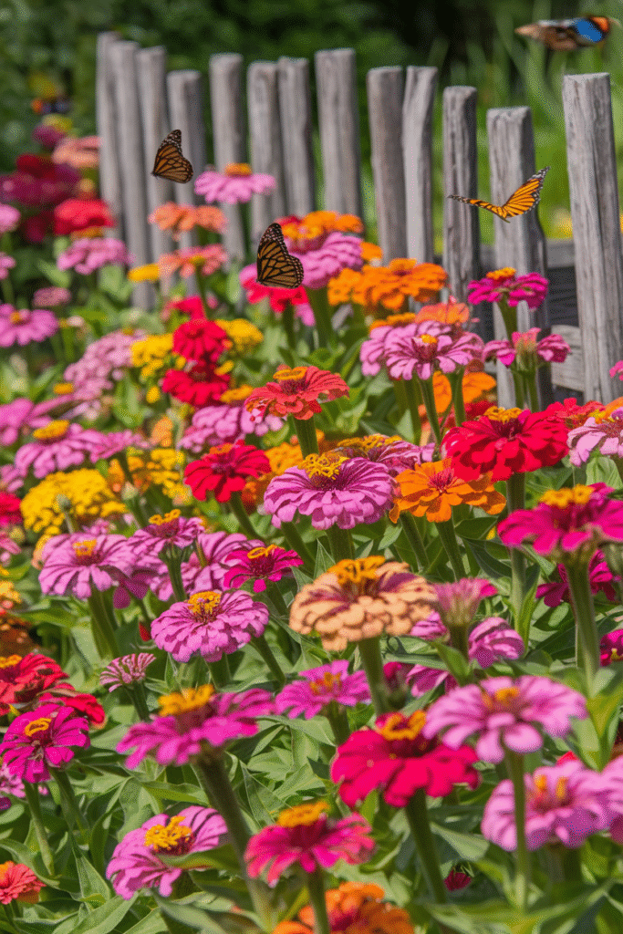 Dense bed of pink, orange, red and yellow zinnias with monarch butterflies in flight near a weathered wood picket fence