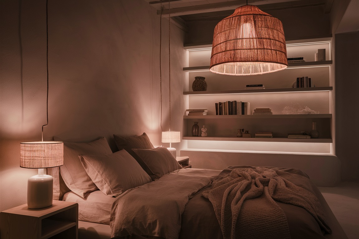 Warm neutral bedroom with layered bedding, open shelving and ambient lighting