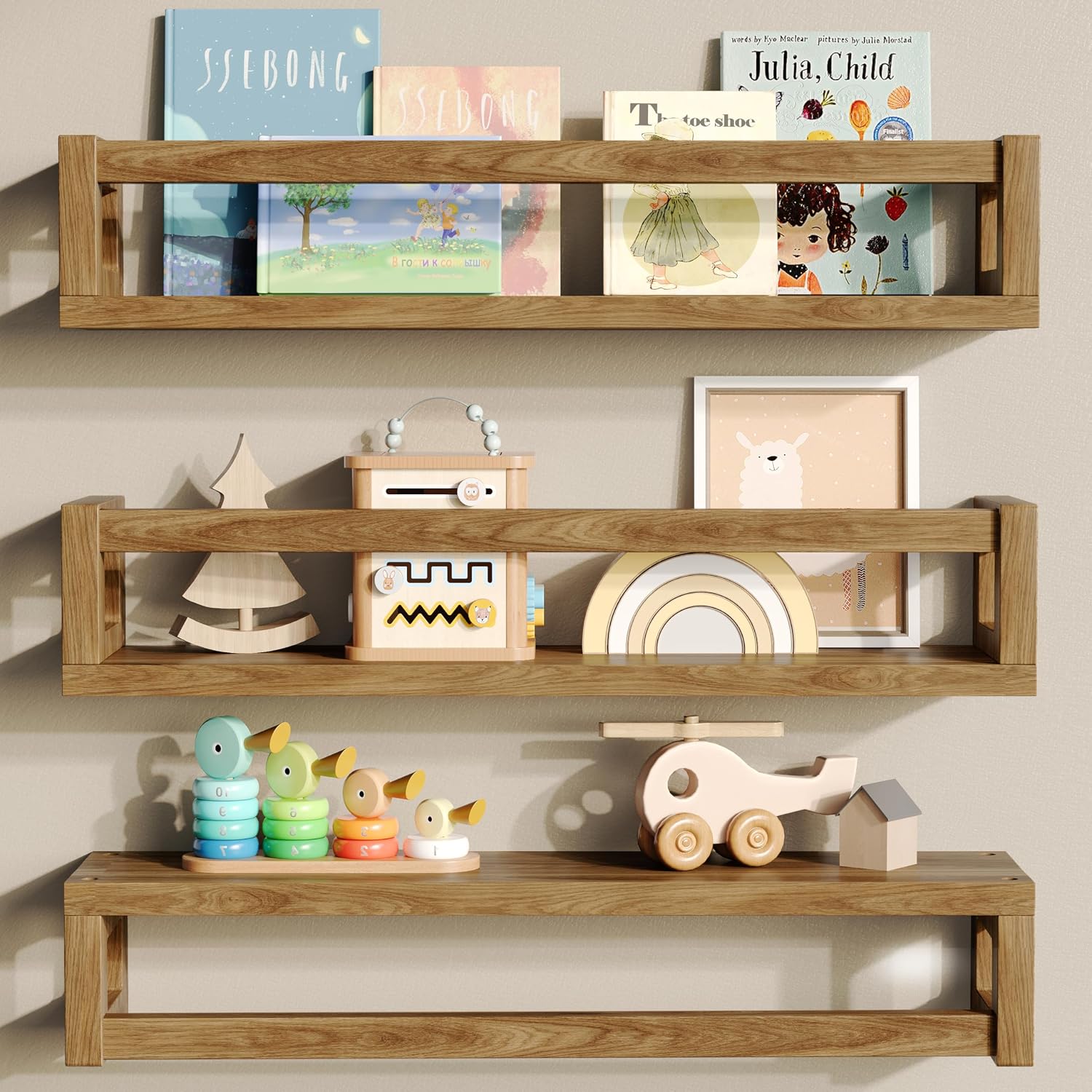 3Pack Nursery Book Shelves, Solid Wood Floatingshelf for Wall, Walnut Brown