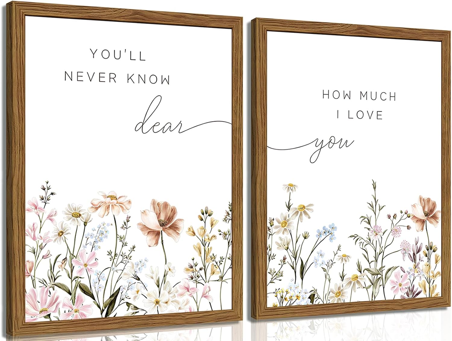 Wood Framed Wildflower Nursery Wall Art Set of 2, Boho Flower Botanical Wall Decor Paintings, Baby Girl Nurseries Pictures Posters Prints for Nursery Baby Room Bedroom Home Decoration 12x16 Inch