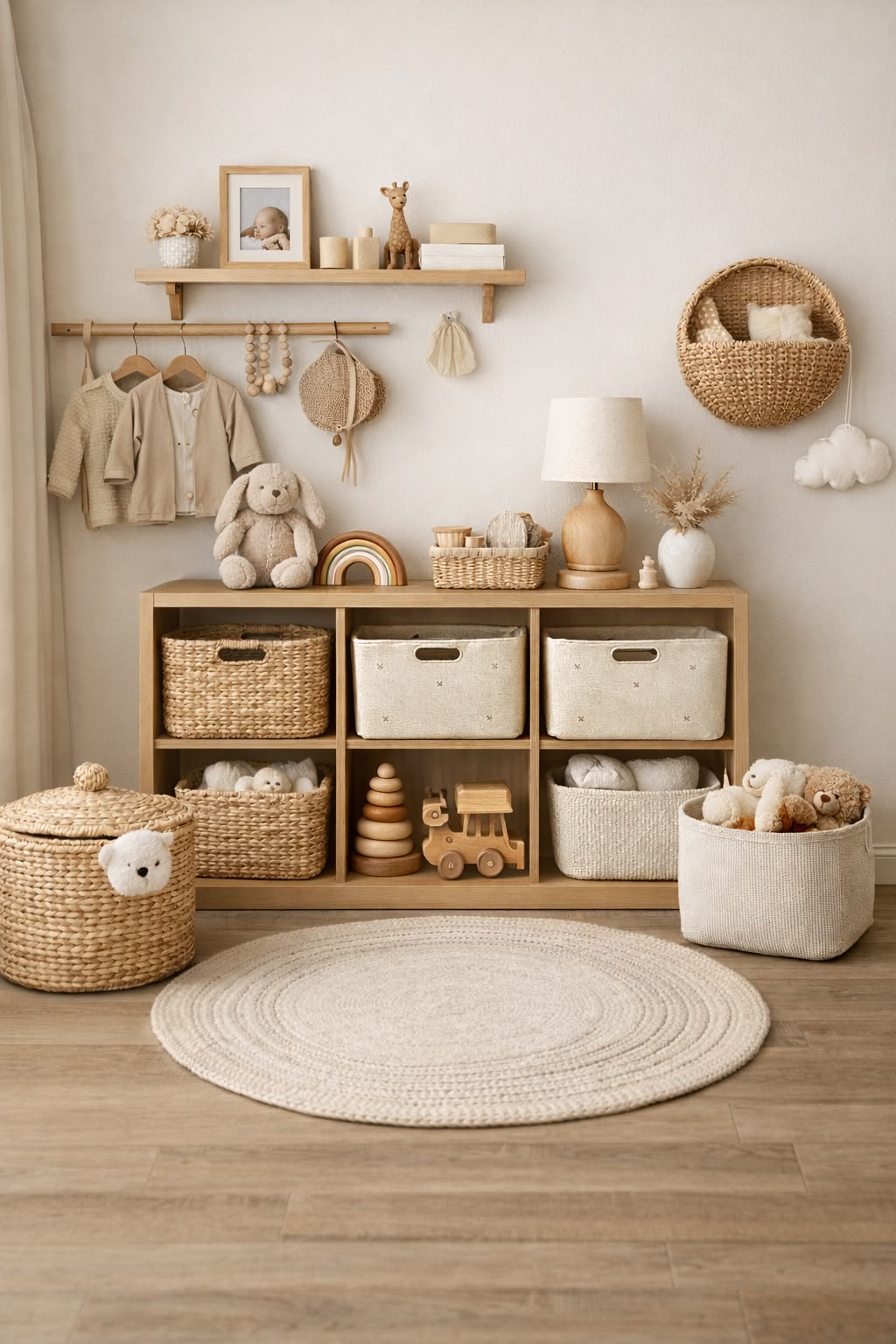 Organized nursery wall shelving with labeled baskets and bins keeping toys and clothes tidy