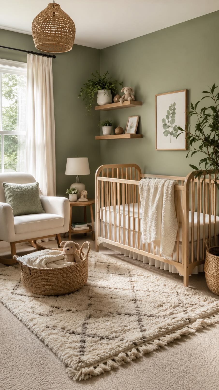 Sage green nursery wall paired with a boucle chair and a natural jute rug