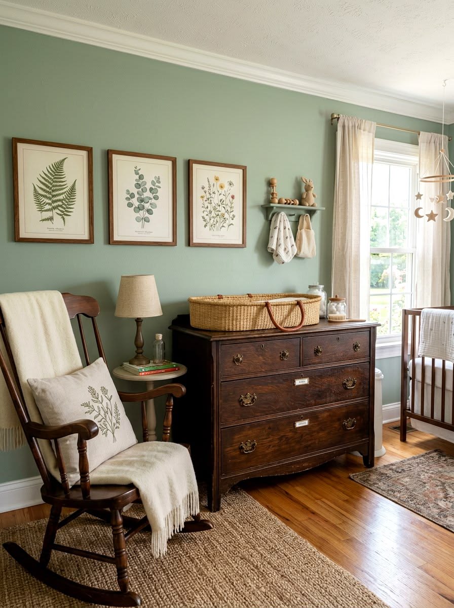 Dark wood rocking chair with a side table and lamp in a sage green nursery reading corner