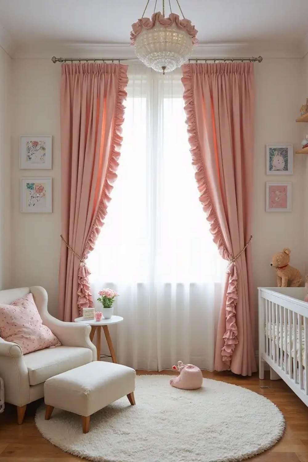 Blush pink curtains framing a nursery window beside a wood crib and gold pendant light