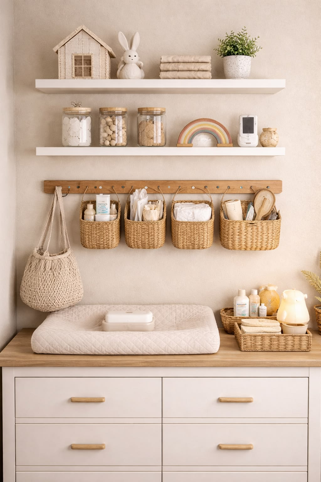 Floating shelves with woven baskets used for storage above a nursery changing table