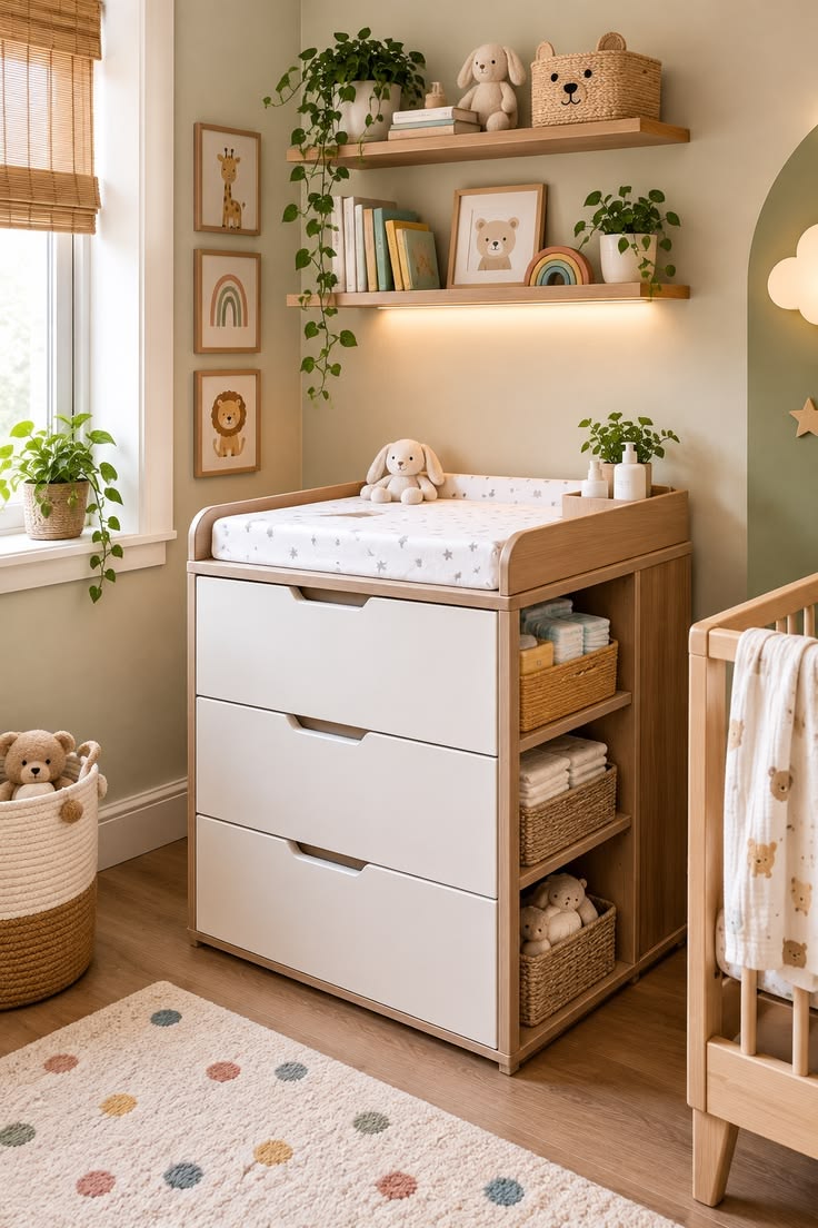 Nursery changing area with natural wood dresser, shelves, woven baskets and a gallery wall