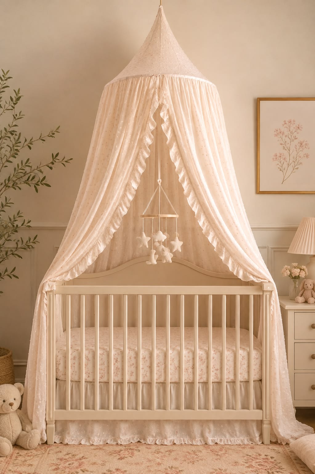 Sheer fabric canopy draped above a wood crib in a soft blush nursery