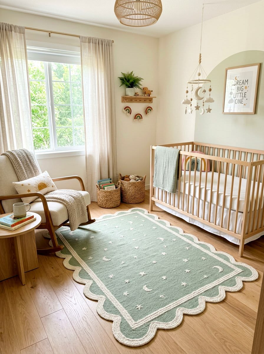 Wood crib on a scalloped sage green nursery rug beneath a hanging moon and stars mobile