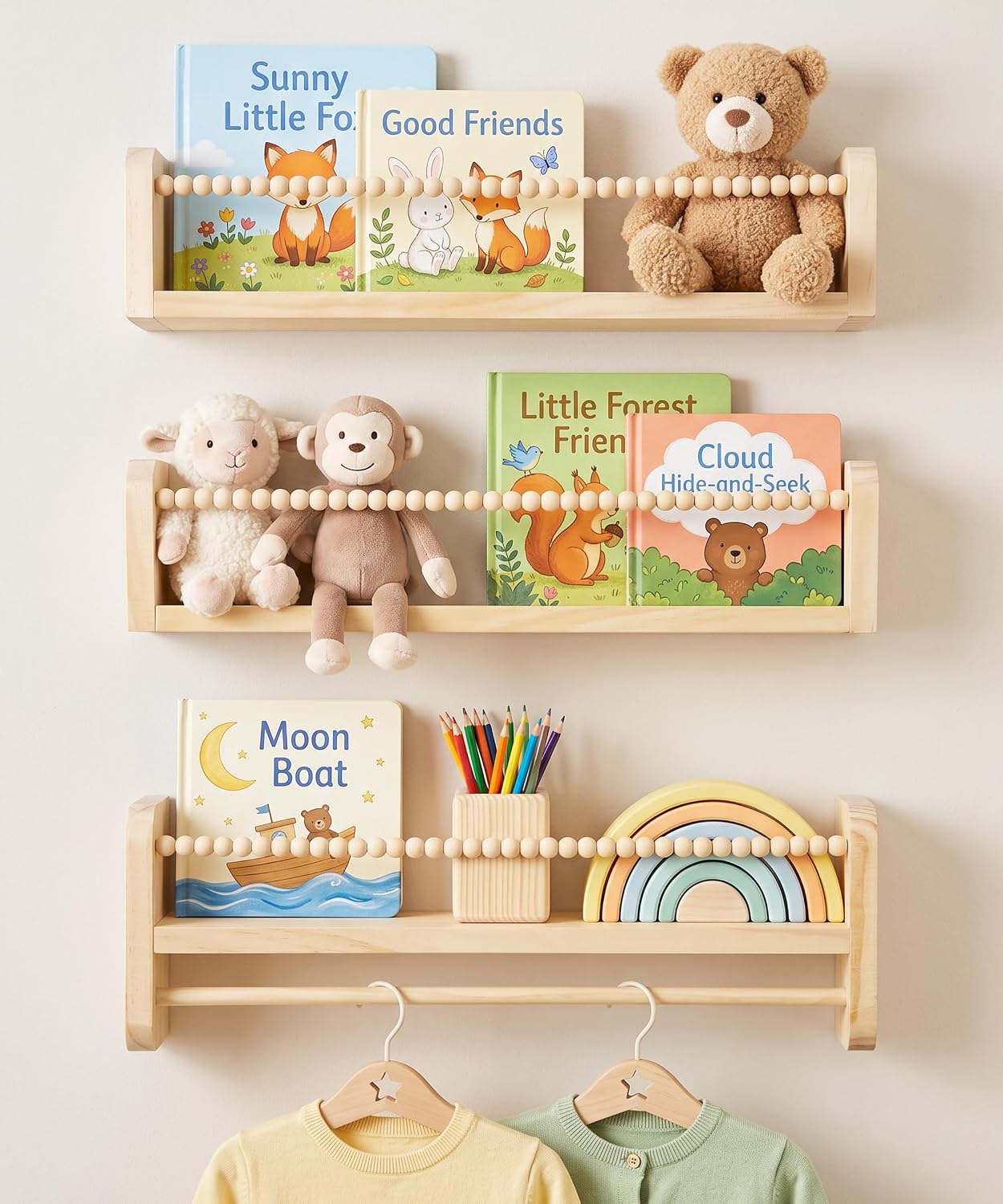 Maxpeuvon Natural Wood Nursery Floating Shelves, Set of 3