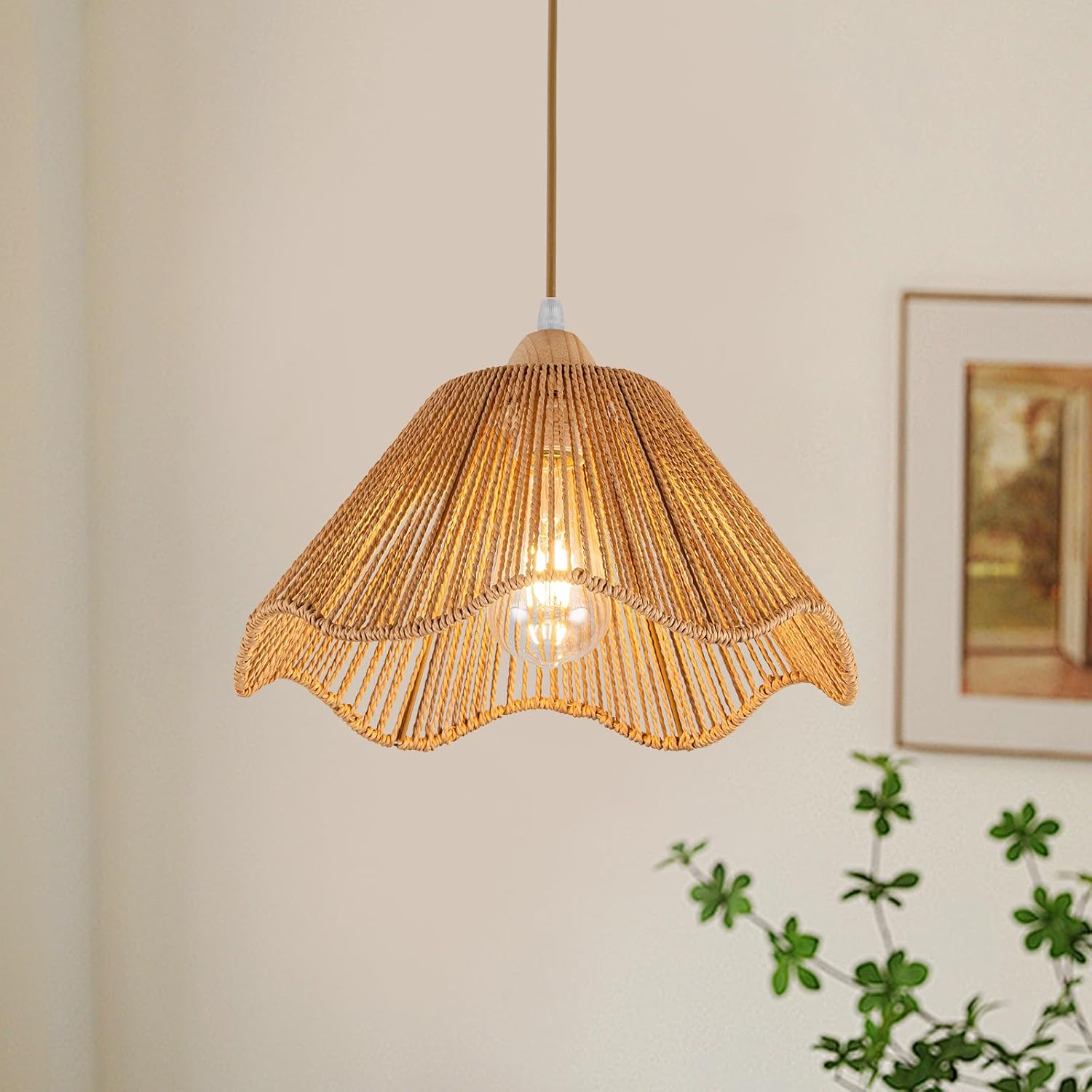 12.5 Inch Boho Rattan Pendant Light, Woven Flush Mount Mini Chandelier