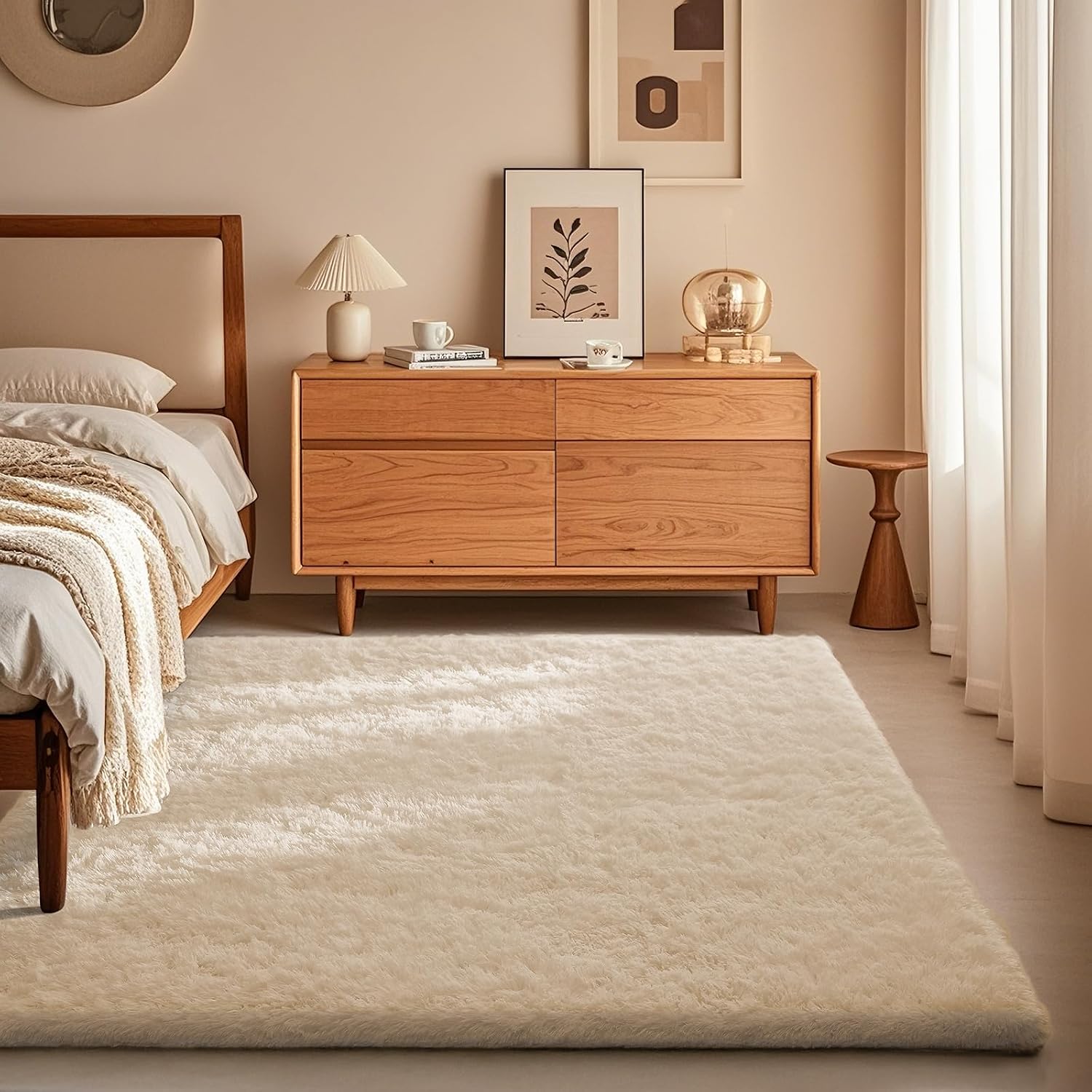 Ophanie Fluffy Soft Shag Area Rug for Bedroom, Ivory, Non-Slip