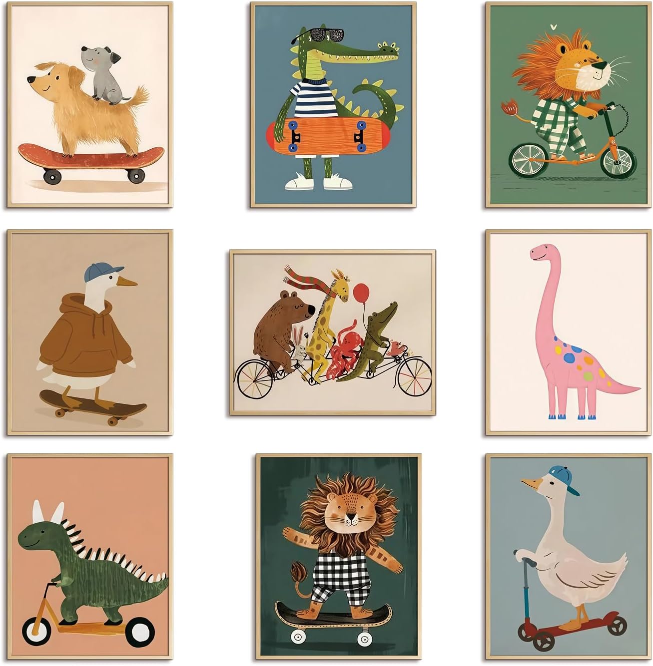 SAMHOU Funny Cartoon Animal Canvas Prints for Kids Room, Set of 9