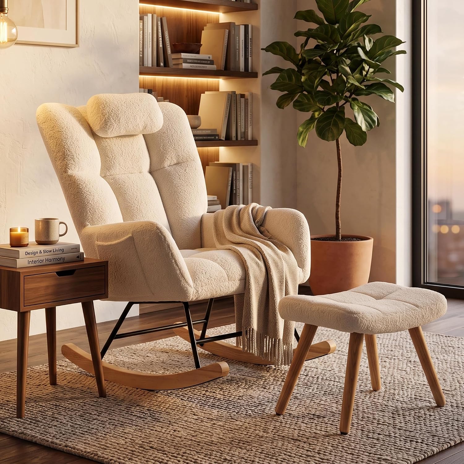 Garvee Nursery Rocking Chair with Ottoman, High Backrest and Lumbar Pillow